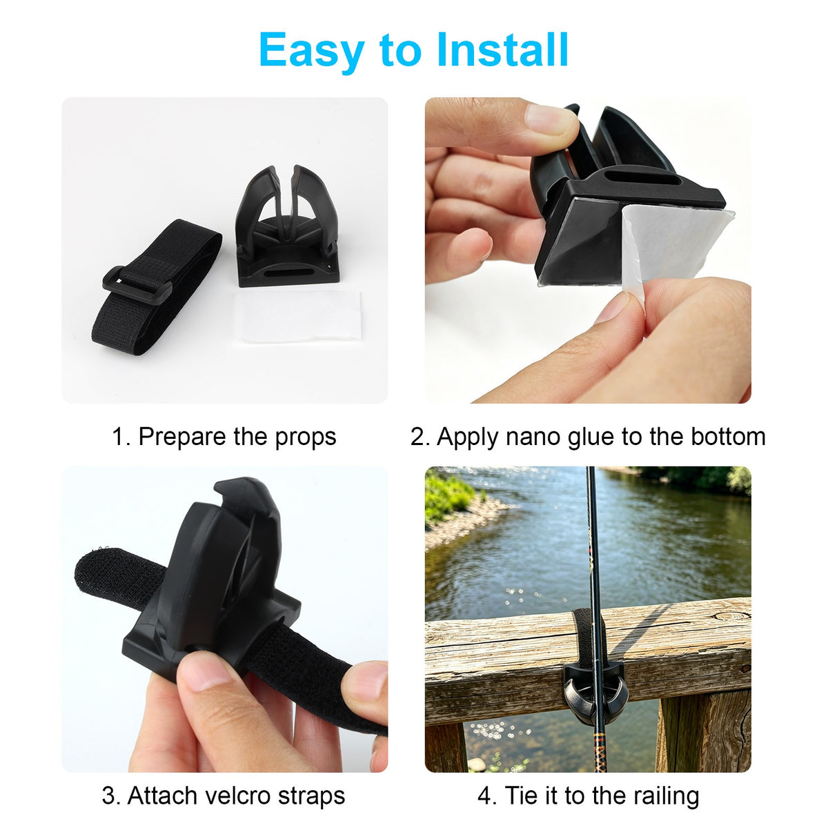 Fishing Rod Holder Rail Mount Clips Adjustable Silicone Straps Set of 4