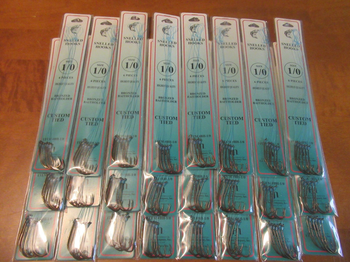 144 Snellled Fish Hooks in Assorted Sizes - Bronze Bait Holder Hooks, 6 Pack