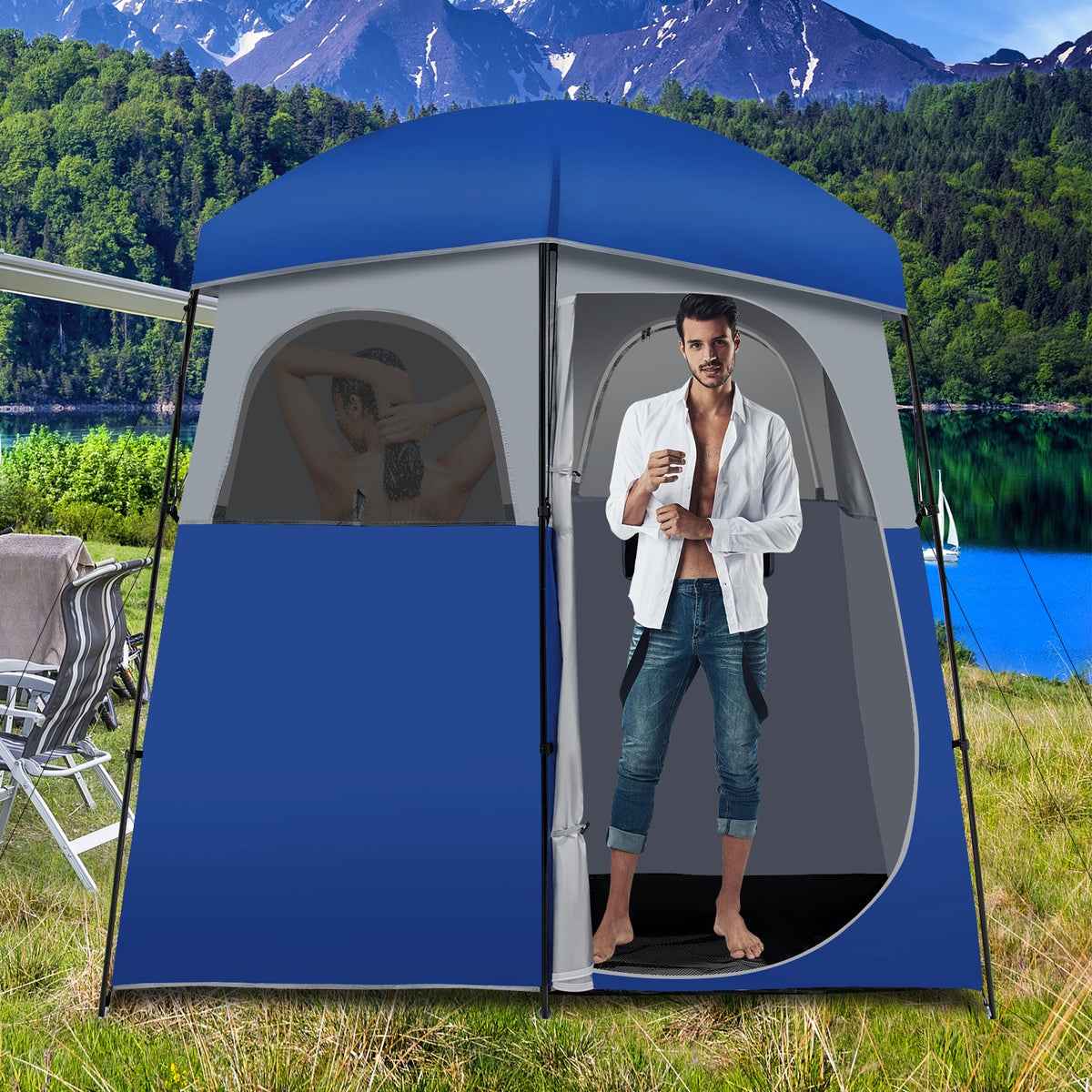 Double Room Camping Shower Tent with Storage Bag - Waterproof & Oversized
