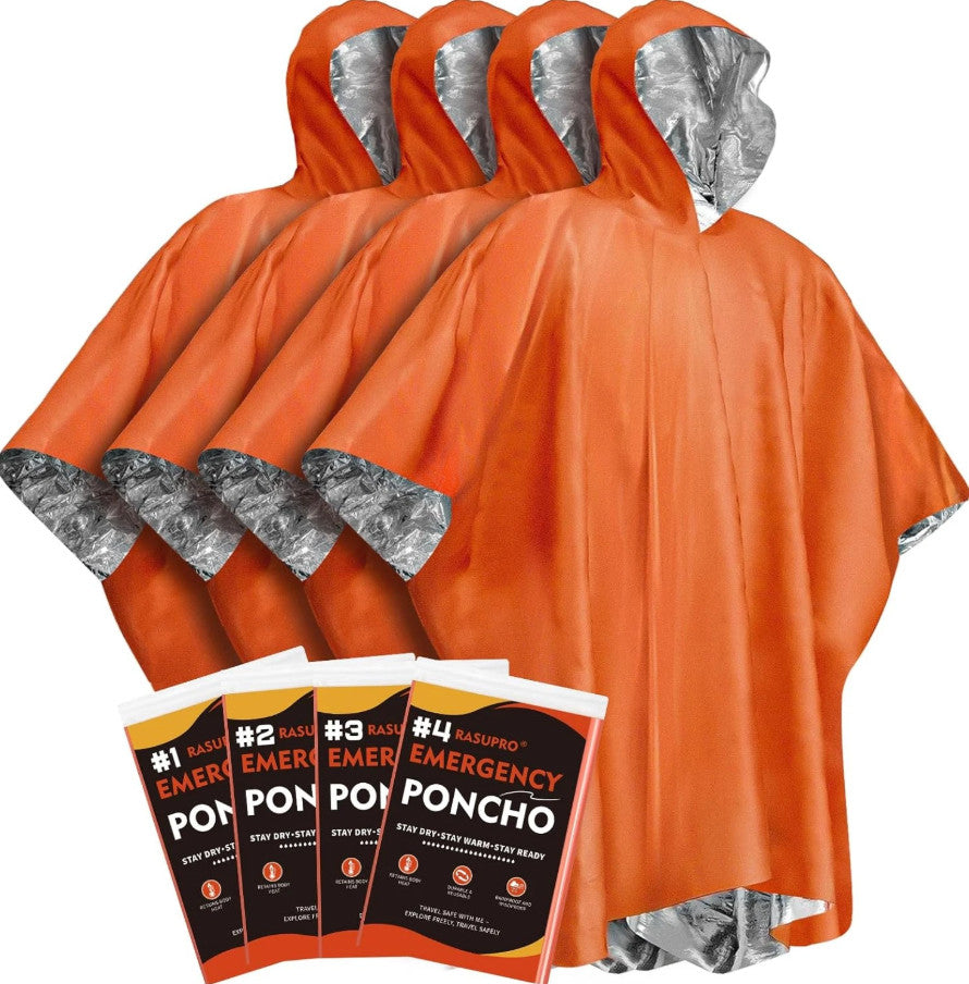 4 Pack Emergency Thermal Ponchos Waterproof Reusable Rain & Survival Coat