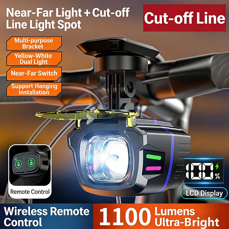 1100LM Wireless Bicycle Headlight with Remote Control USB Rechargeable LED