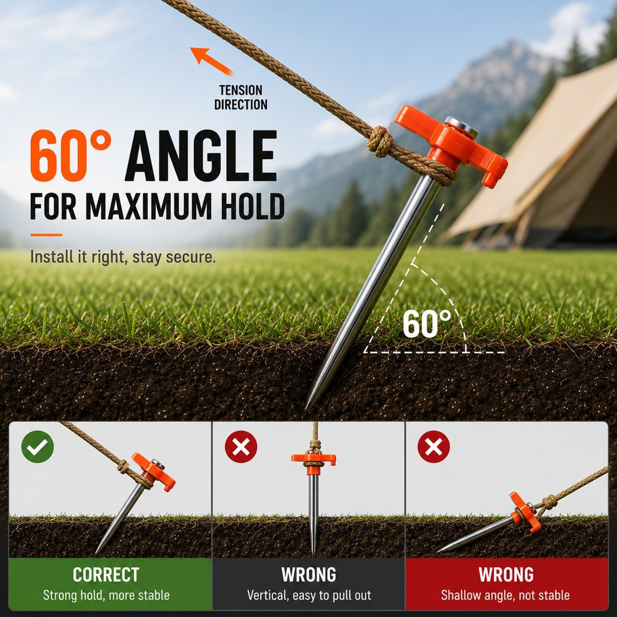 Heavy Duty Galvanized Steel Tent Stakes - Rust Resistant, 7.1 Inch, Bright Orange T-Head, Pack of 10 or 20