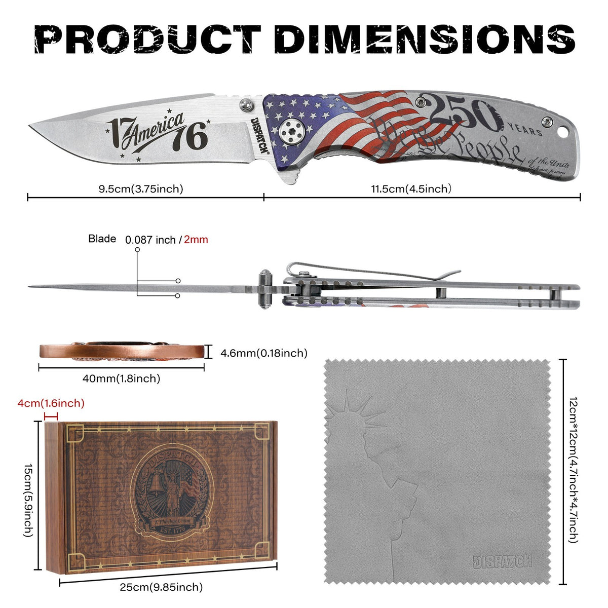 Patriotic 250th Anniversary Collectible Pocket Knife & Coin Set with Handle Options