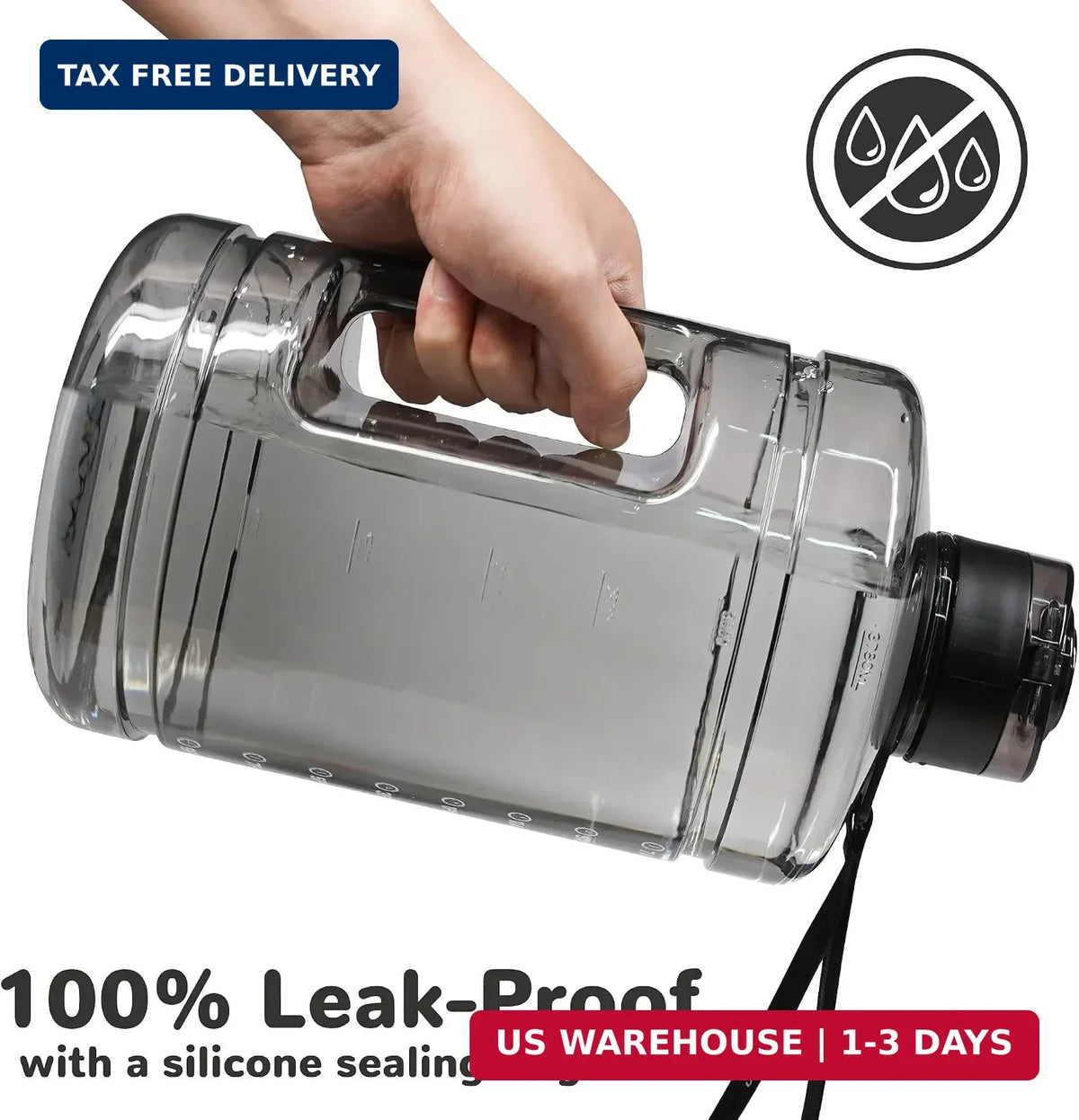 1 Gallon Water Bottle with Motivational Time Marker & Handle - Leakproof Sport Jug