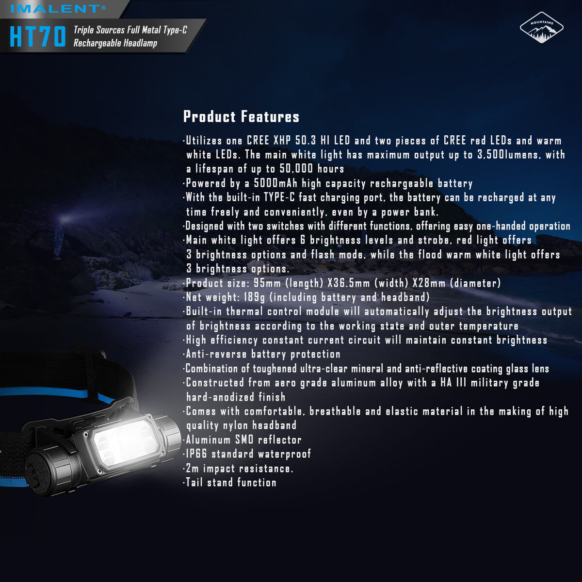 Rechargeable LED Headlamp 3500 Lumens Waterproof USB-C Camping Headlight