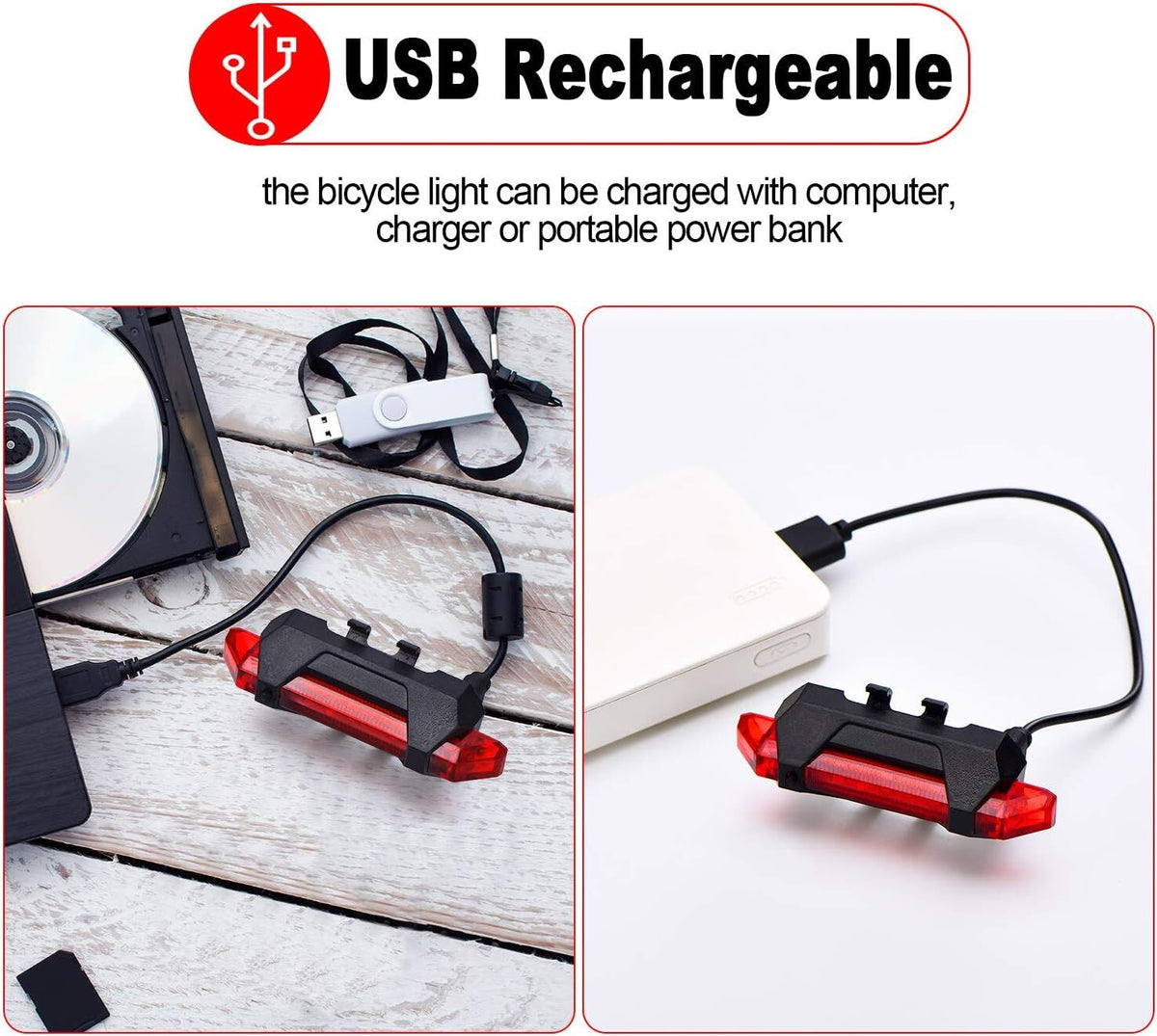 USB Rechargeable Bicycle Front Rear LED Lights Set - Waterproof Cycling Lamps