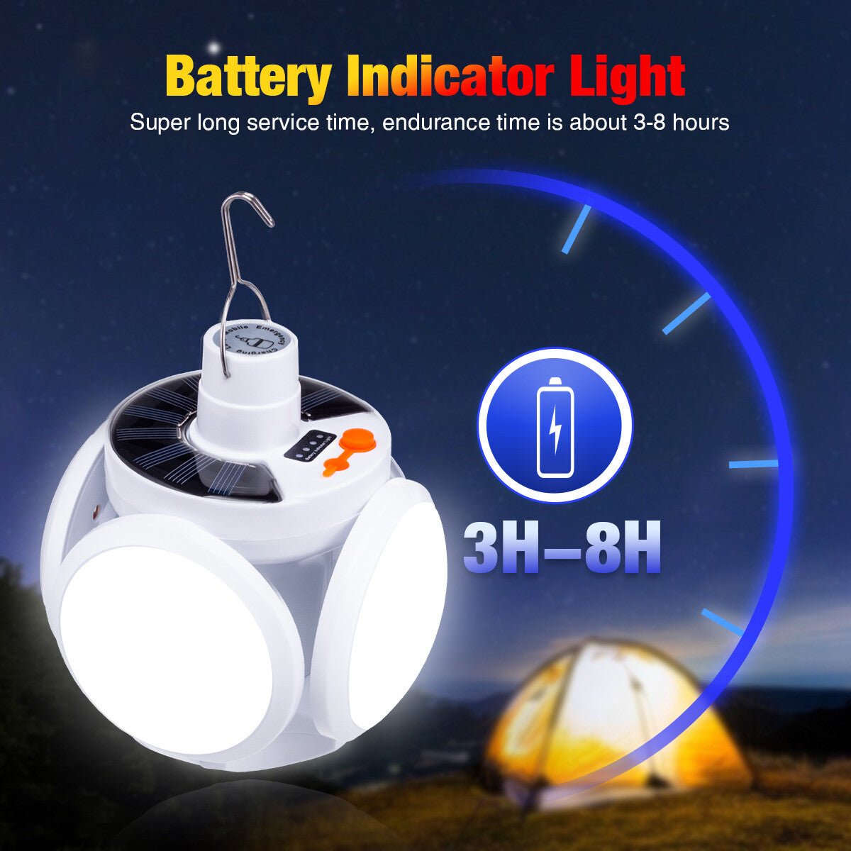 Rechargeable Solar LED Camping Light with Adjustable Brightness & Waterproof Design
