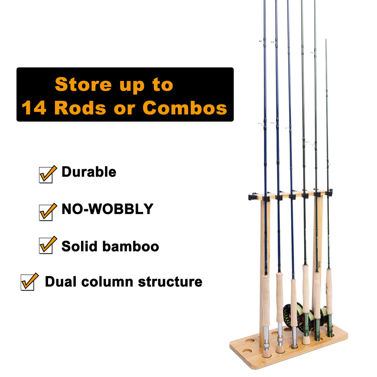 Wooden Fishing Rod Storage Rack for 14 Poles - Stable Floor Stand Organizer