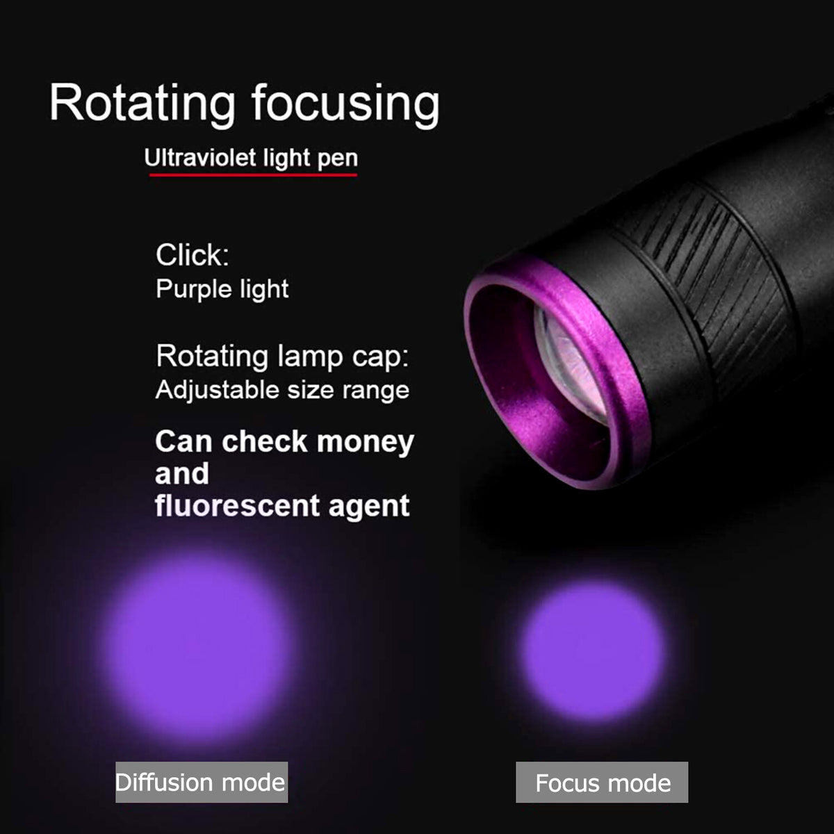 Zoomable 395nm UV Light Penlight Black Light for Detecting Insects Gems and Fluids