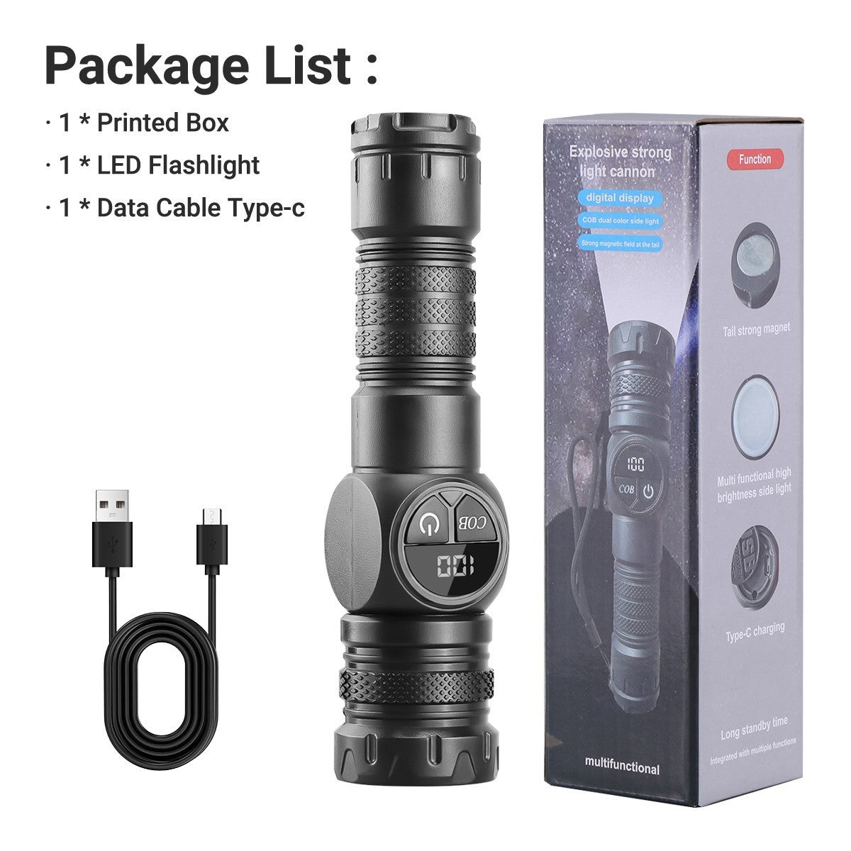 Rechargeable LED Flashlight with Magnetic Base and Multiple Modes