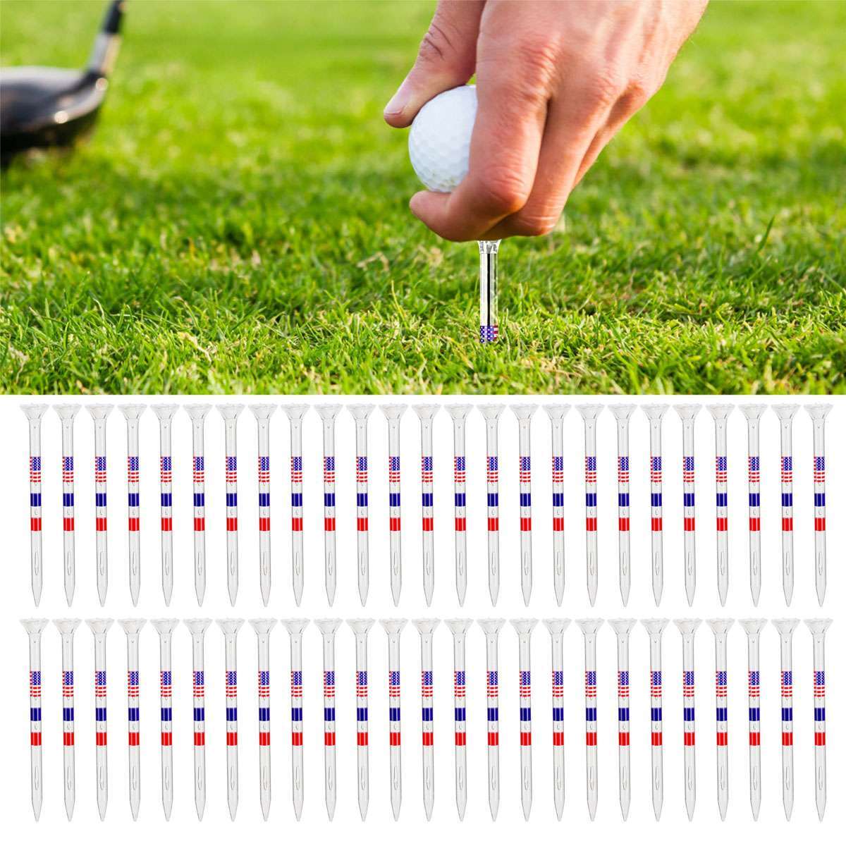 50PCS Transparent Acrylic Golf Tees with American Flag Design - Unbreakable & Durable