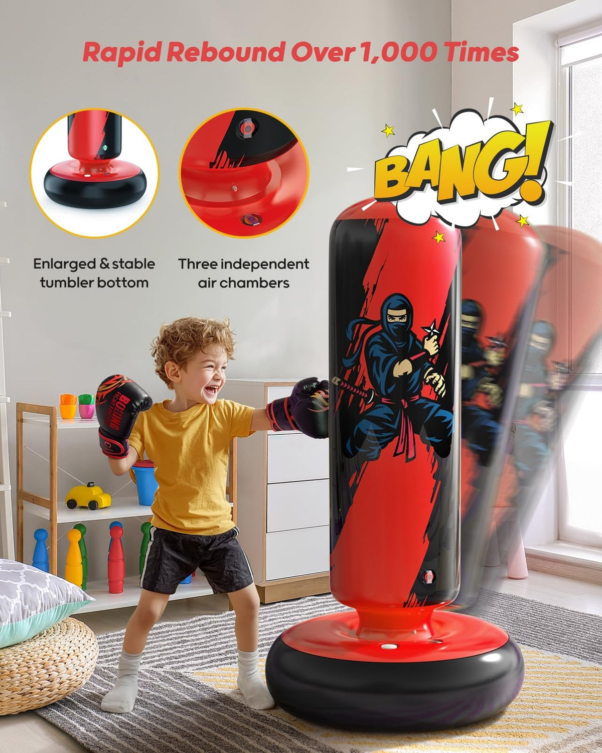 Kids Inflatable Punching Bag with Boxing Gloves - 66 inches Red