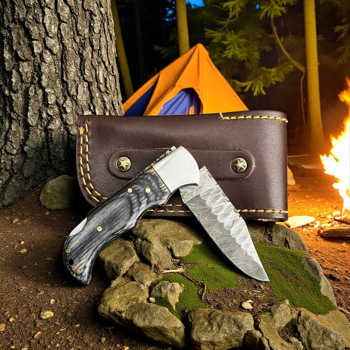 Handmade Damascus Folding Knife with Carved Pattern Blade and Wood Handle