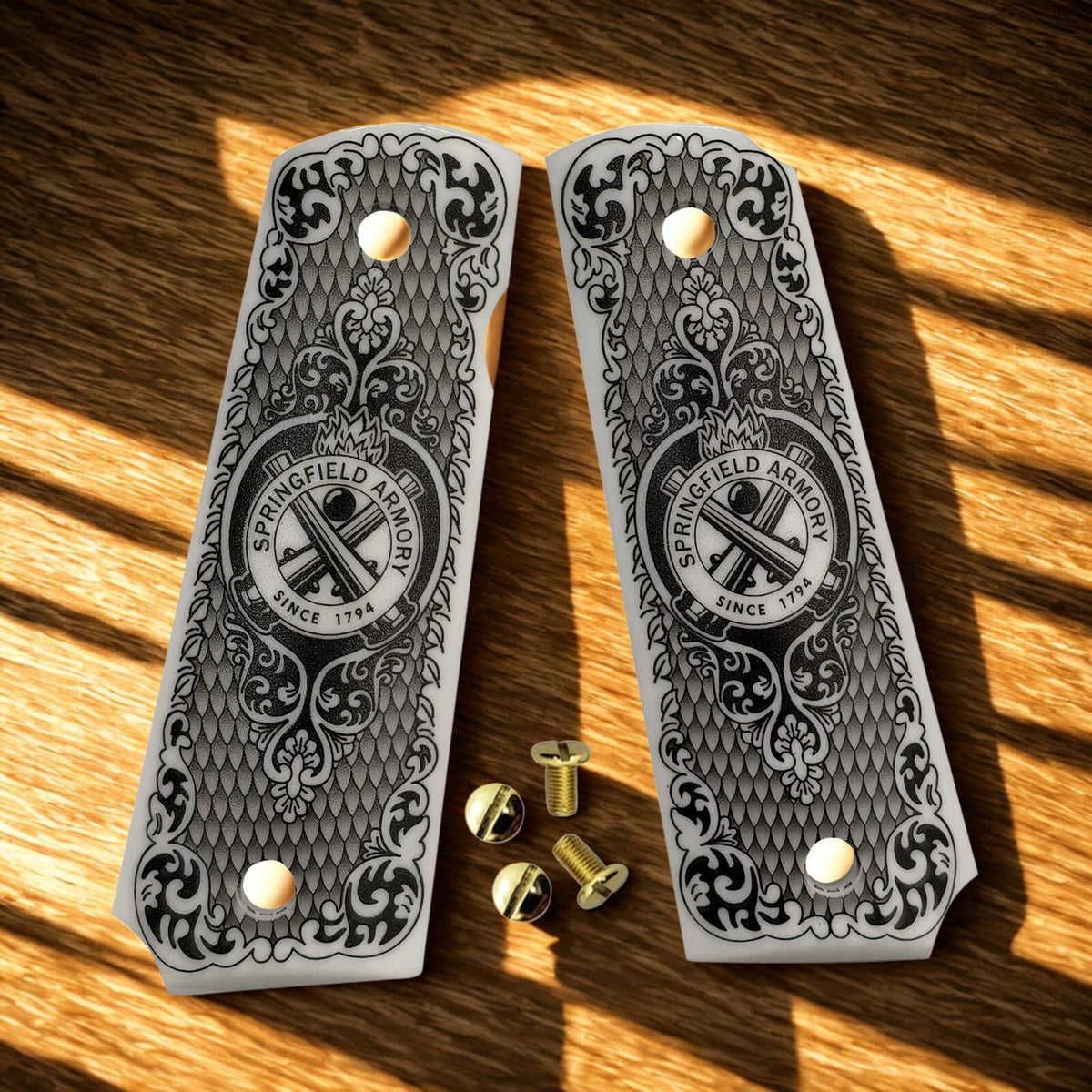 1911 Pistol Grips White Pearl Polymer with Springfield Logo - Custom Full Size Fit