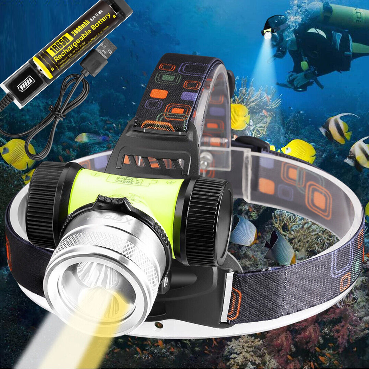 Waterproof LED Headlamp for Diving - Underwater Torch 262ft Depth, Adjustable & Detachable Design