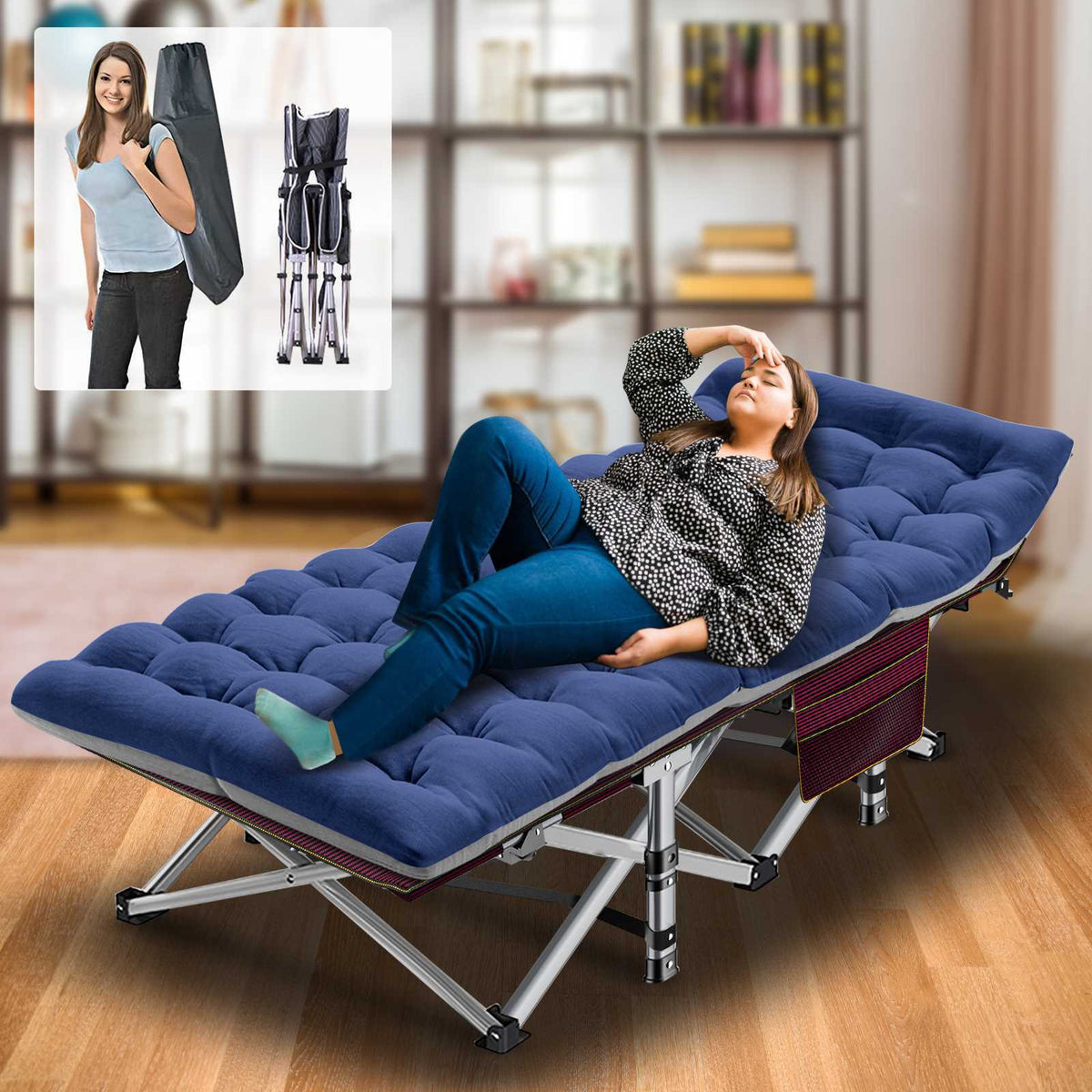 Heavy Duty Folding Camping Cot for Adults with Cotton Mat - Wide Sleep Bed