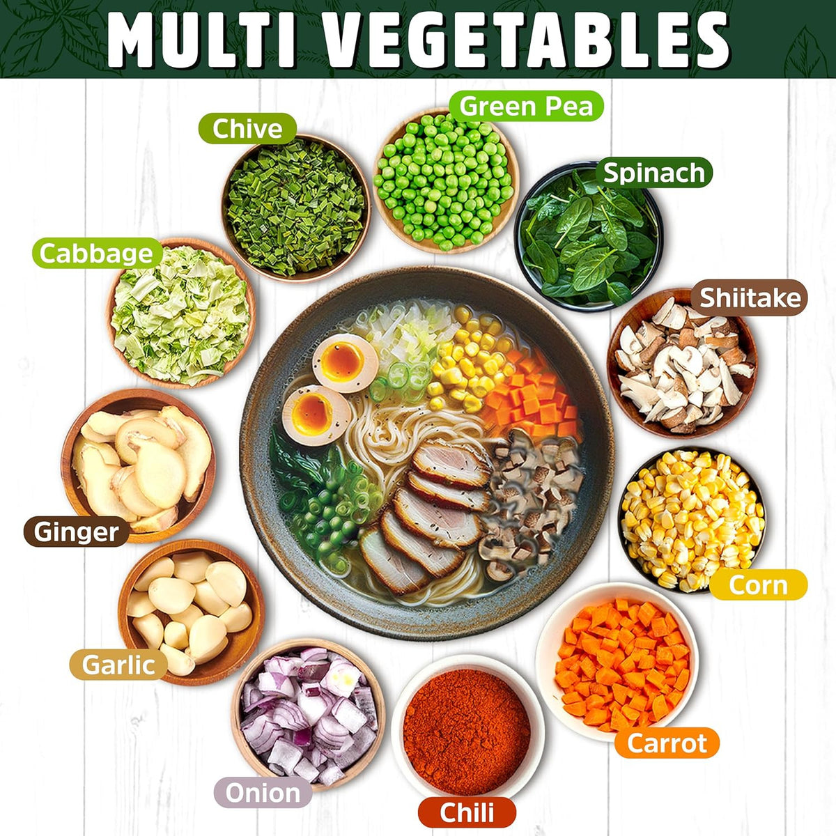 Dried Vegetable Toppings for Ramen - Dehydrated Cabbage, Spinach, Carrots & Mushrooms