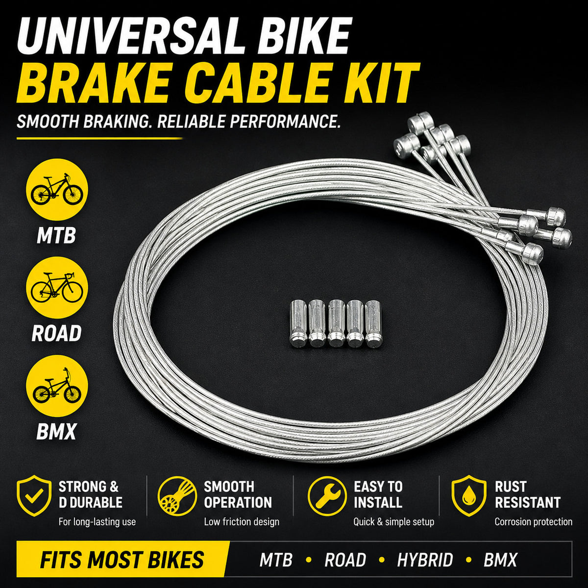 Extra Long Bike Brake Cable Kit for MTB Road & Gravel Bikes - 5 Pack