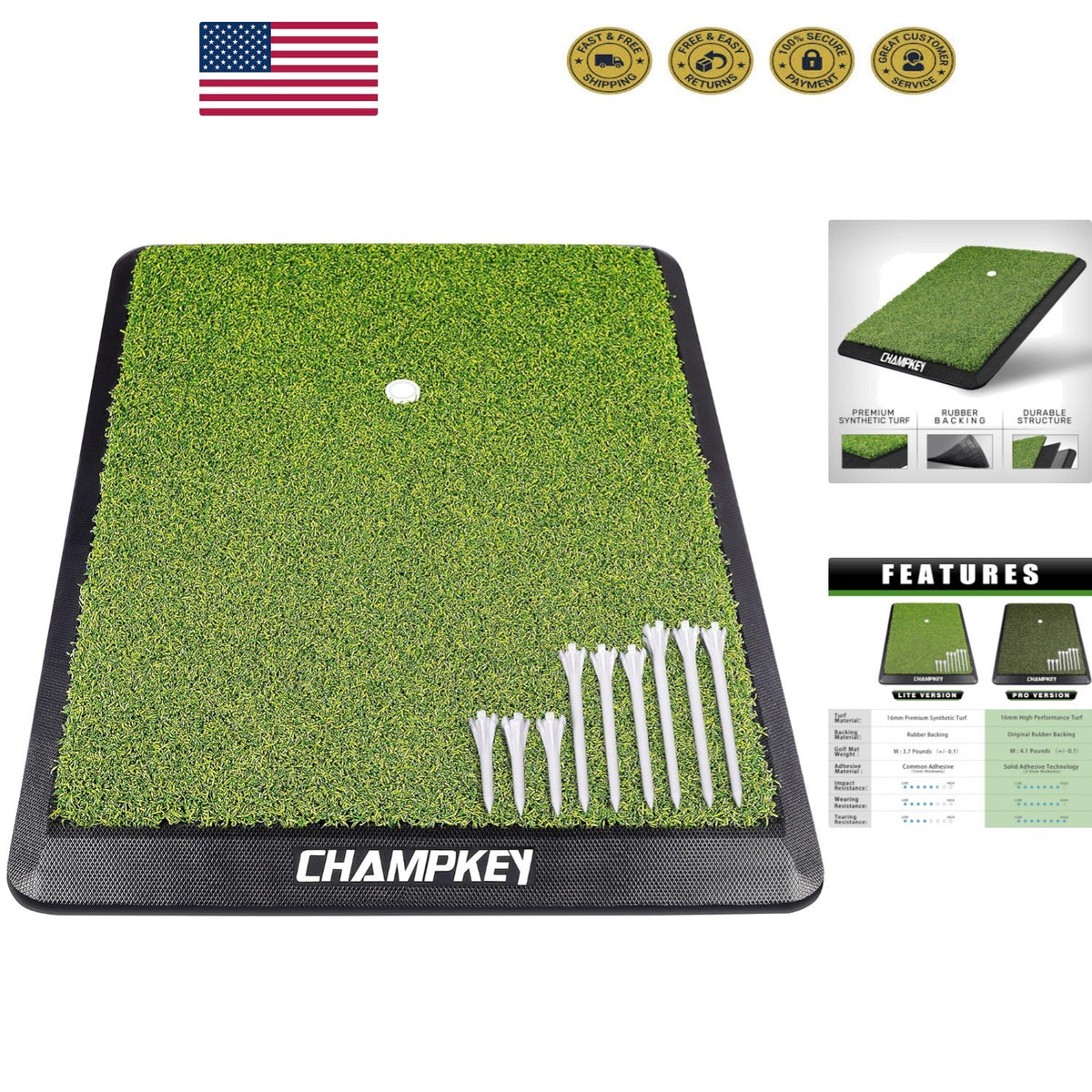 Golf Practice Mat 13x17 with Rubber & Plastic Tees - Compact Design