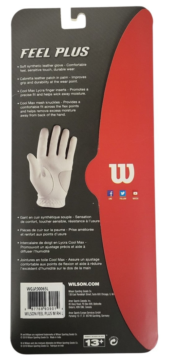 Wilson Feel Plus Men's Large Golf Glove Right Hand White Black Red for Left Hand Golfer