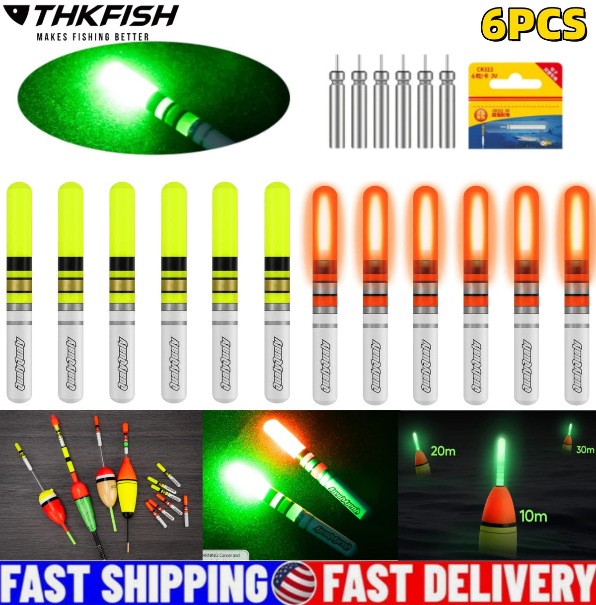 LED Glow Sticks for Fishing 6-Pack Night Fishing Light Up Floats with Batteries