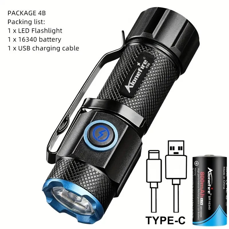 Mini LED Flashlight P50, Compact Rechargeable Torch with Belt Clip