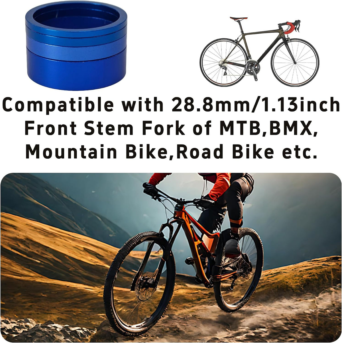Aluminum Alloy Bicycle Headset Spacers Set for 1 1/8 Inch Steerer - Blue