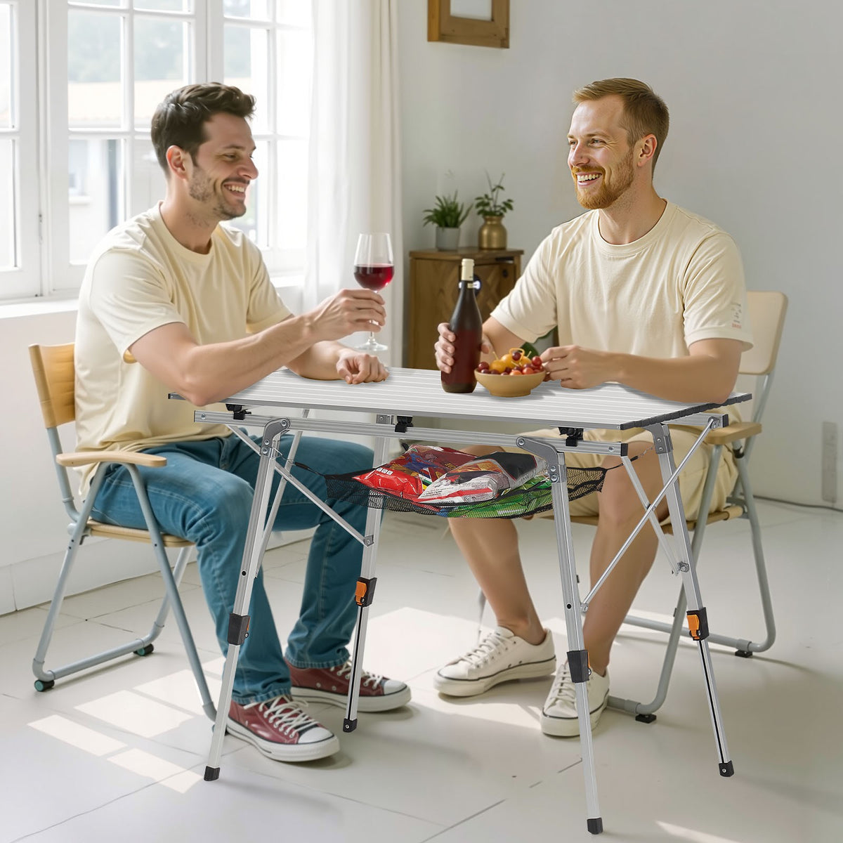 Portable Folding Aluminum Camping Table with Roll-Up Top & Mesh Shelf
