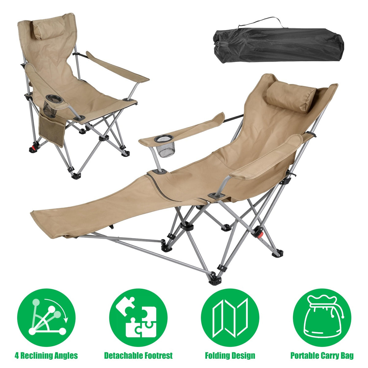 Heavy Duty Folding Camping Chair with Footrest 220lbs Portable Recliner