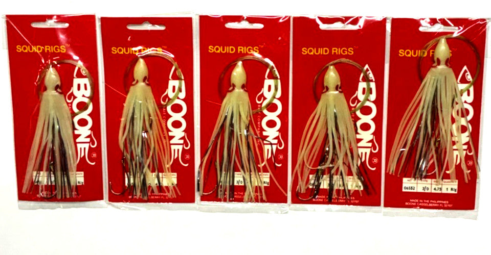 Rigged Glo Squid Baits with Hooks - Large Fish Lure Set, 4.75 Inch, 5 Pack