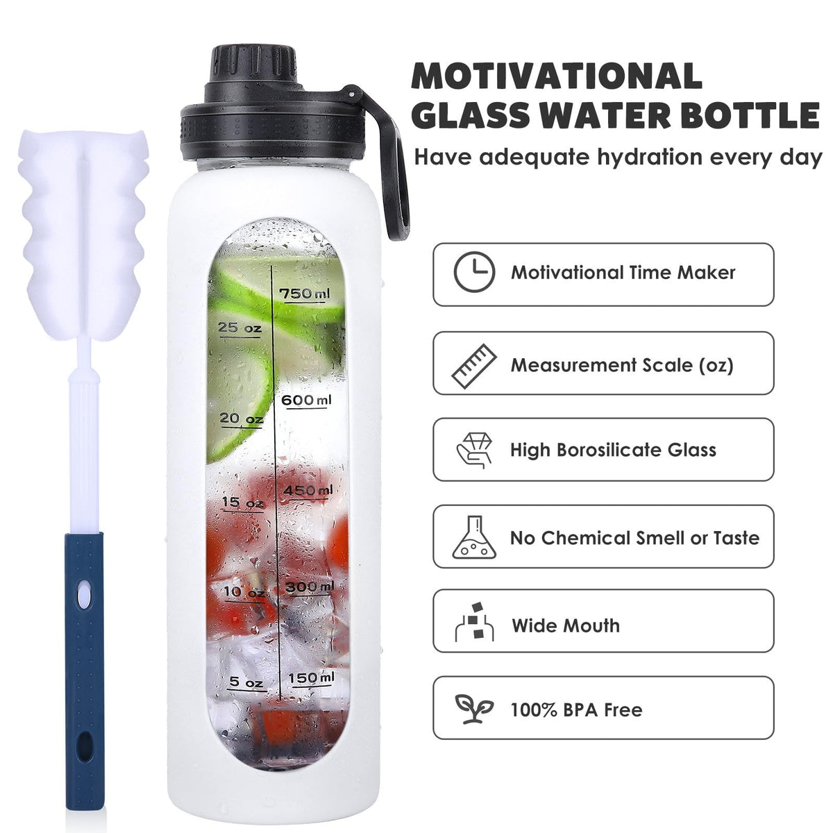 32oz Glass Water Bottle with Silicone Sleeve & Time Marker