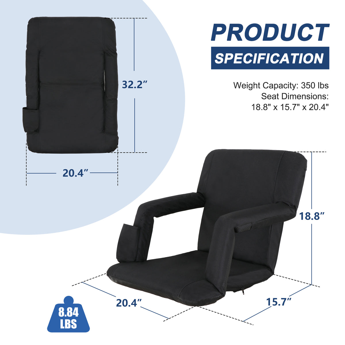 Portable Stadium Seat with Back Cushion & Reclining Positions for Bleachers