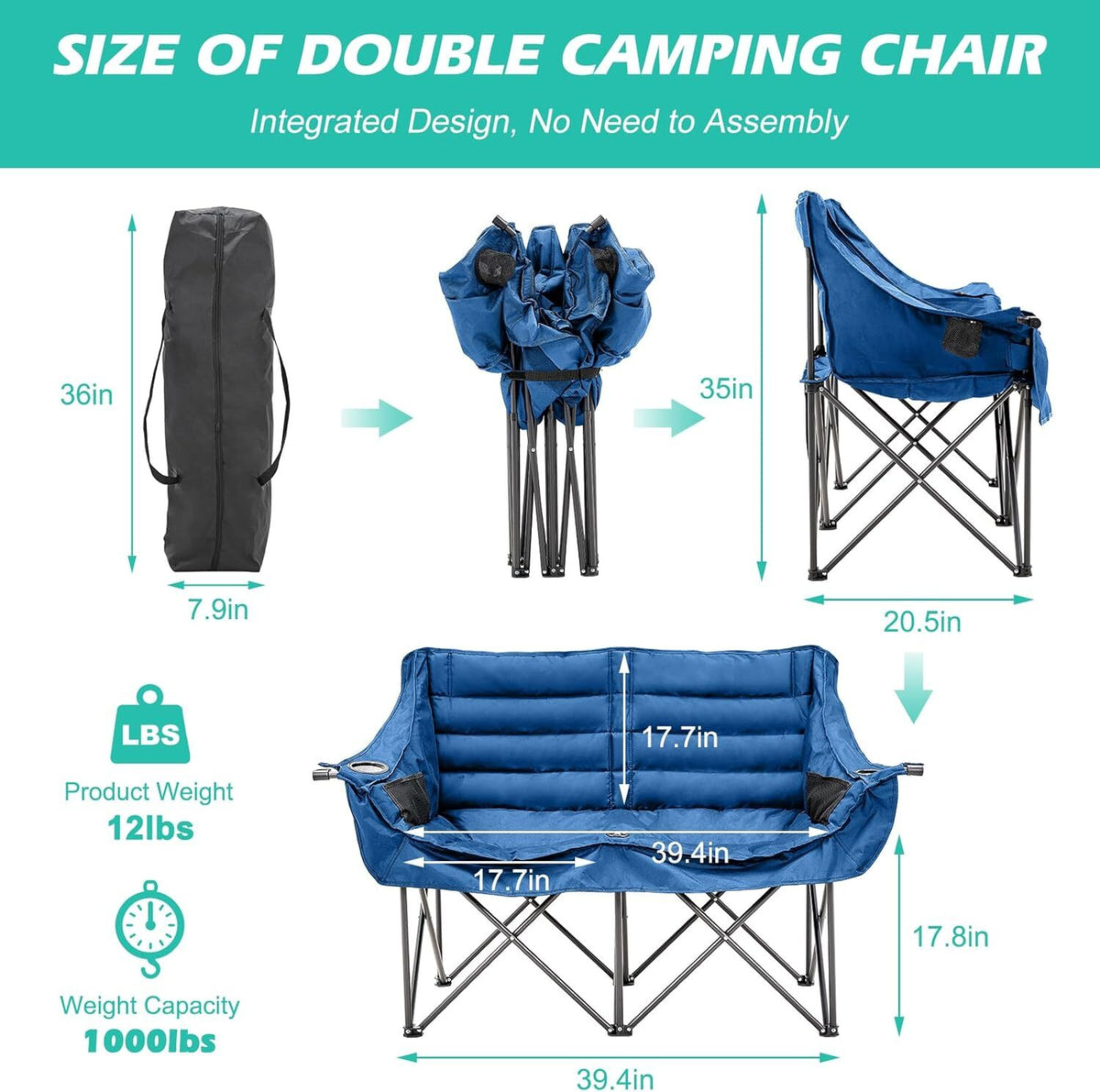 Heavy Duty Double Camping Chair for 2 People Folding Loveseat 990lb Capacity