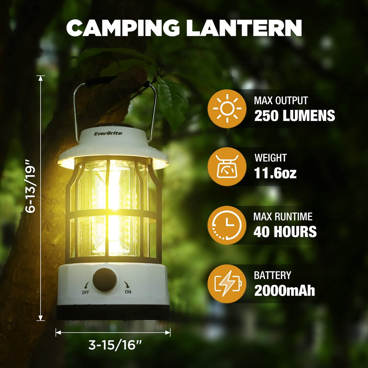 Rechargeable LED Camping Lantern with 250 Lumens and Stepless Dimming