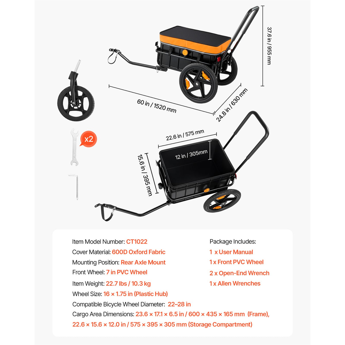 Foldable Bicycle Cargo Trailer 100lbs Capacity for 22-28 Inch Bikes