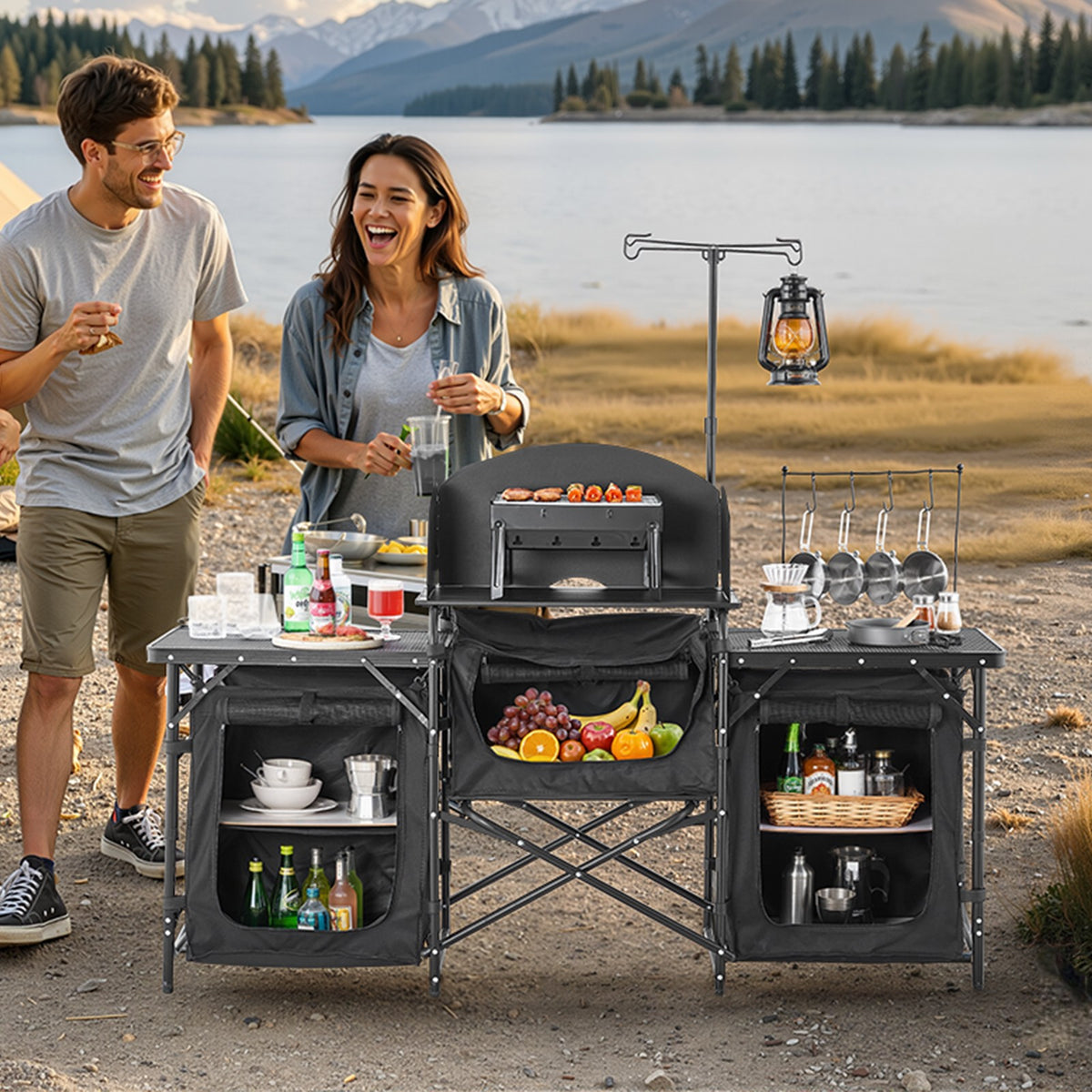 Portable Camping Kitchen Table with Windshield and Storage Compartments