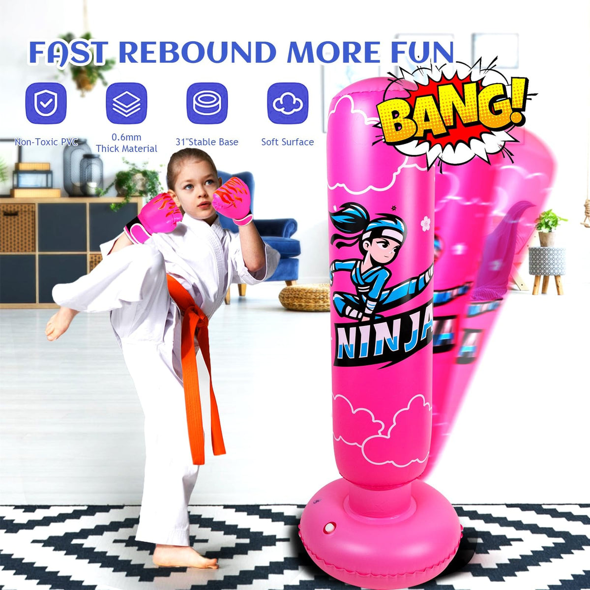 66 Inch Kids Inflatable Punching Bag with Gloves & Pump - Pink