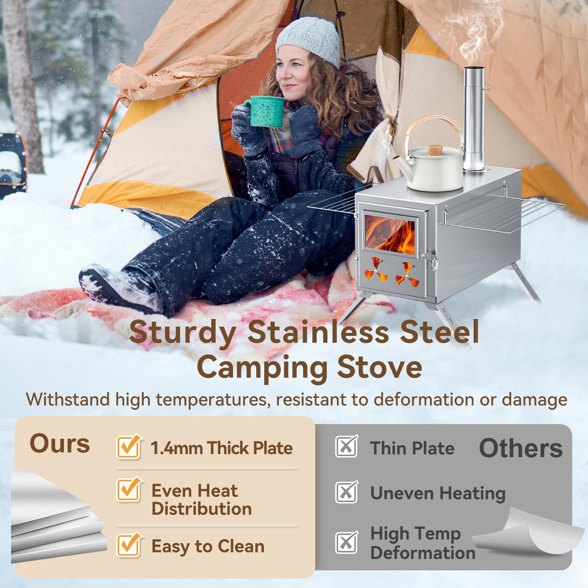 Portable Stainless Steel Tent Stove for Camping, Wood Burning & Heating