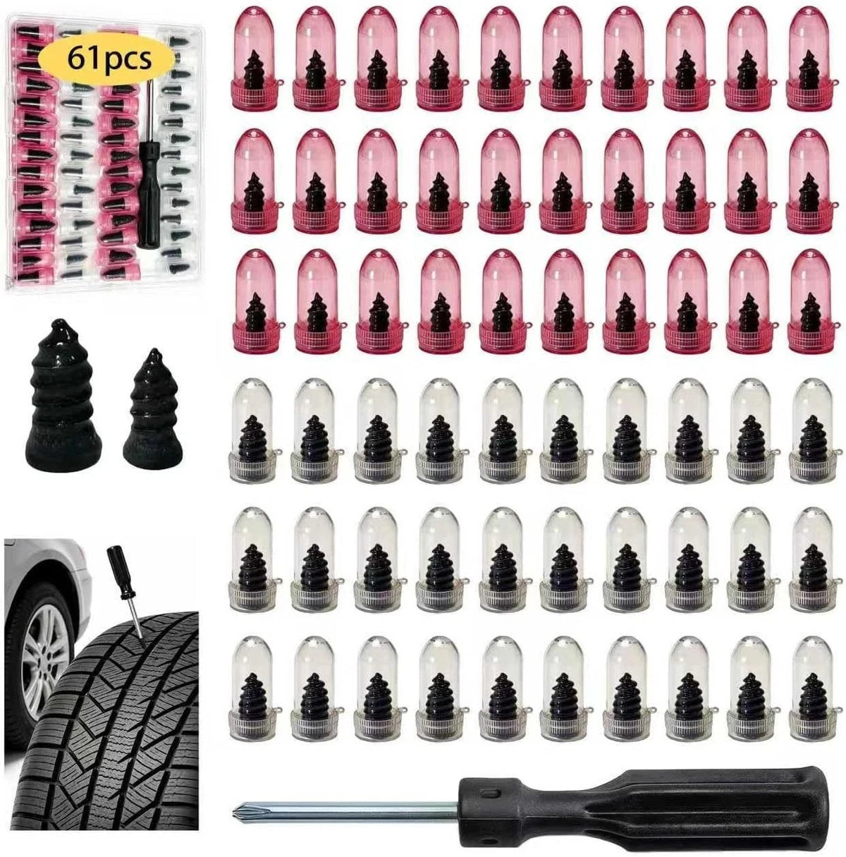 Self-Sealing Tire Repair Kit 61 Pcs for Cars, Motorcycles, Trucks