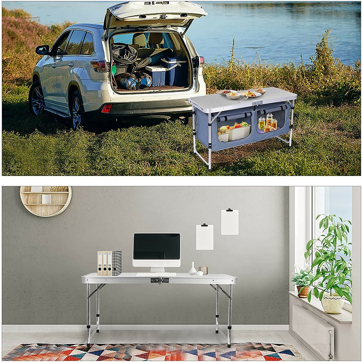Portable Folding Camping Table with Adjustable Height & Storage Bags