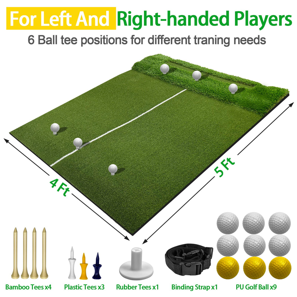 Dual Turf Golf Hitting Mat 5x4 ft Indoor Outdoor Practice Swing Trainer