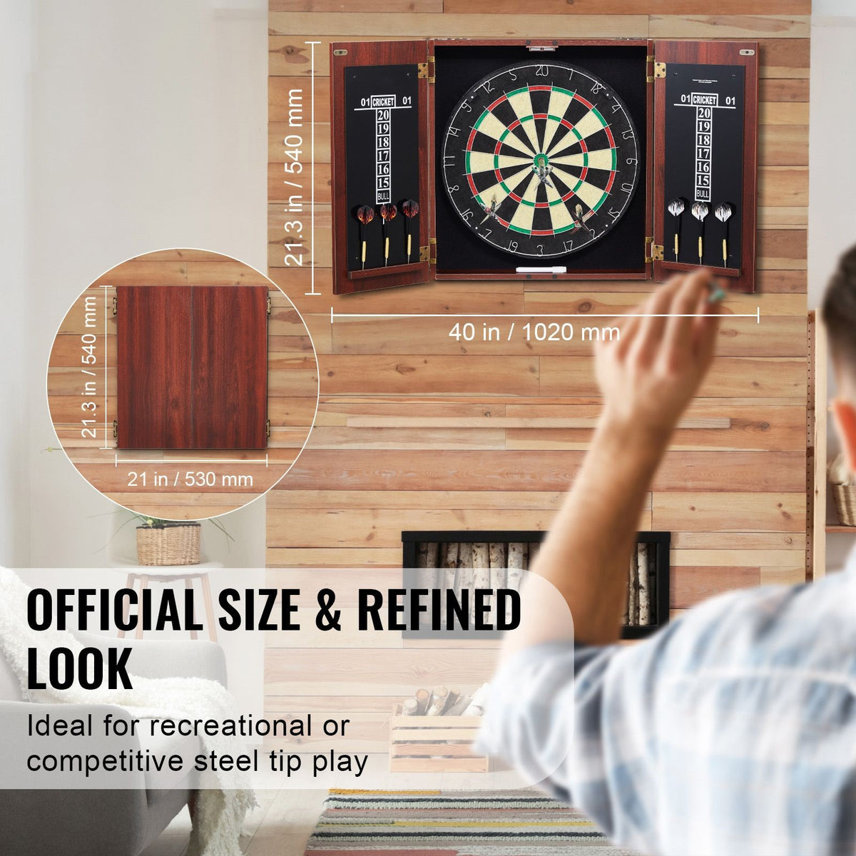 Official-Size Dartboard Cabinet Set with 18" Dartboard, 6 Steel Tip Darts