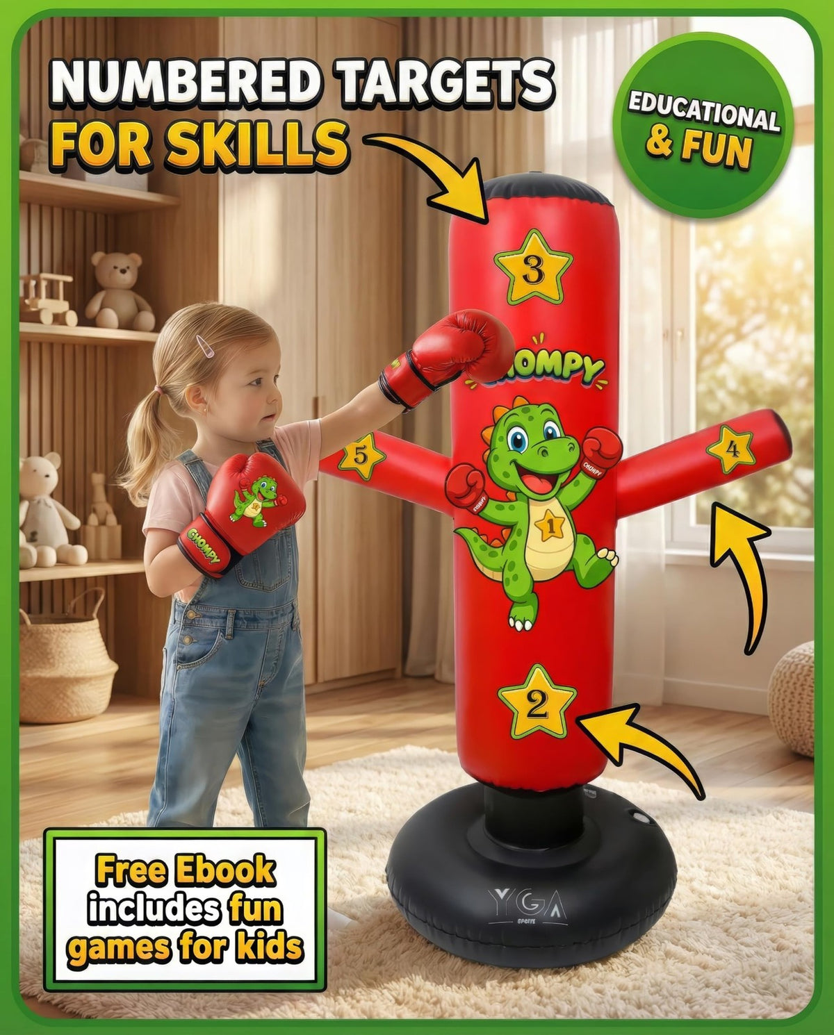Kids Punching Bag 48 Inch Dino Dinosaur with Gloves for Martial Arts Play