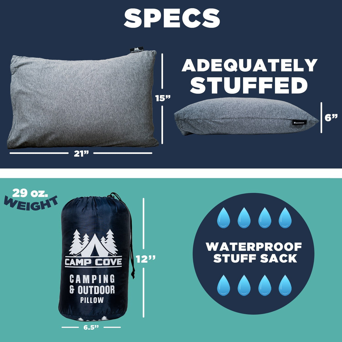 Camping Pillow with Jersey Cotton & Shredded Memory Foam - 15x21 Compressible