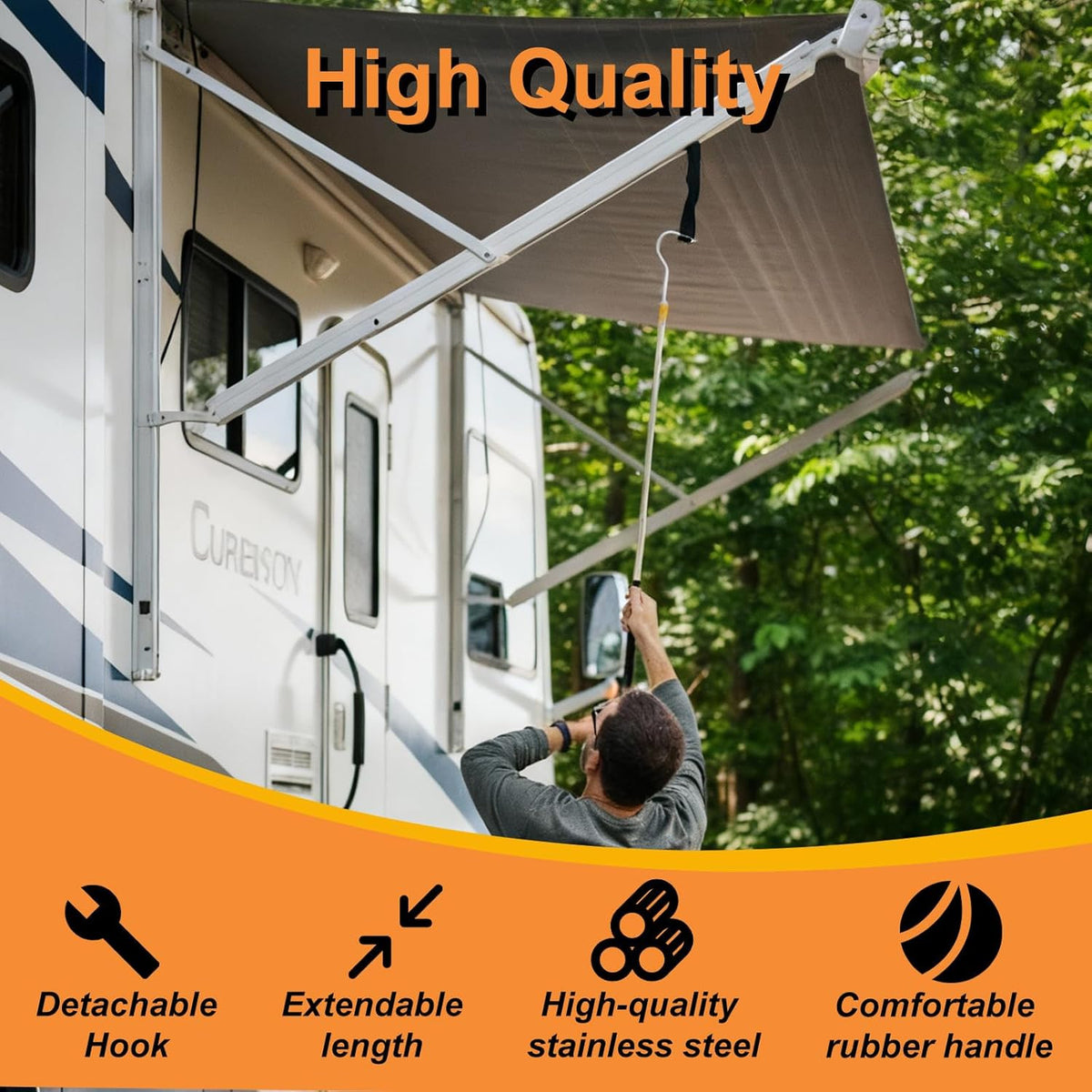 Portable Telescoping Awning Opener Pole - 63-Inch RV Sunshade Hook Tool