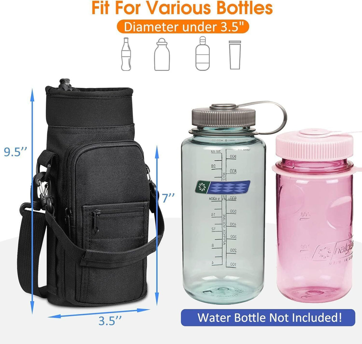 Sports Water Bottle Carrier Bag with Pockets Adjustable Strap for Hiking Travel