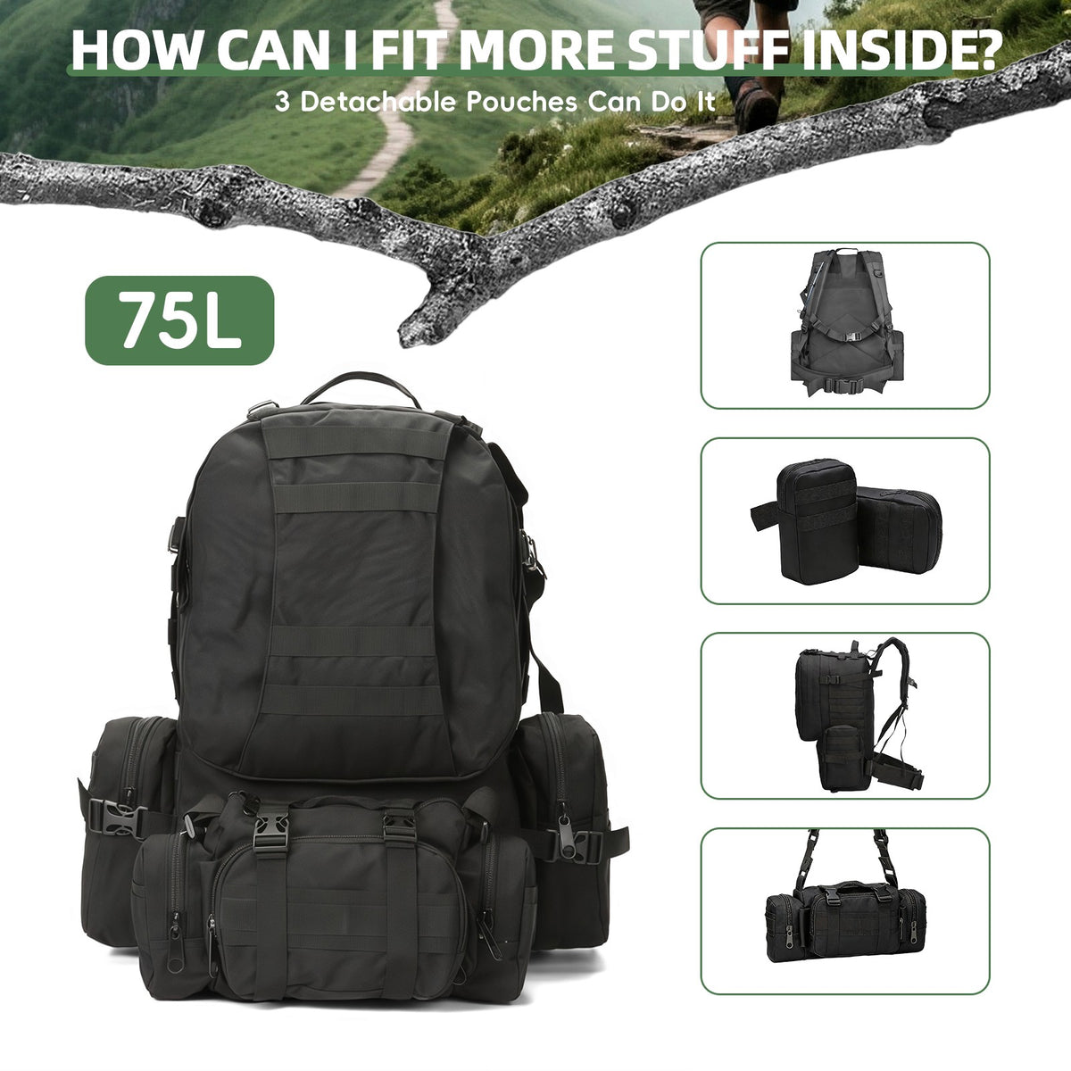 Large Waterproof Tactical Backpack with Molle System for Camping & Hiking