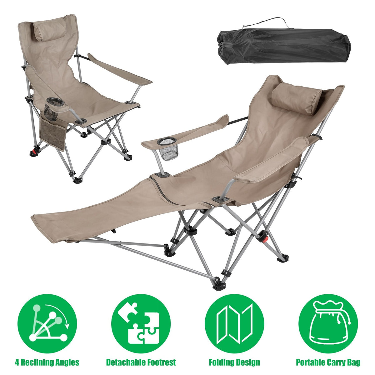 Heavy Duty Folding Camping Chair with Footrest 220lbs Portable Recliner