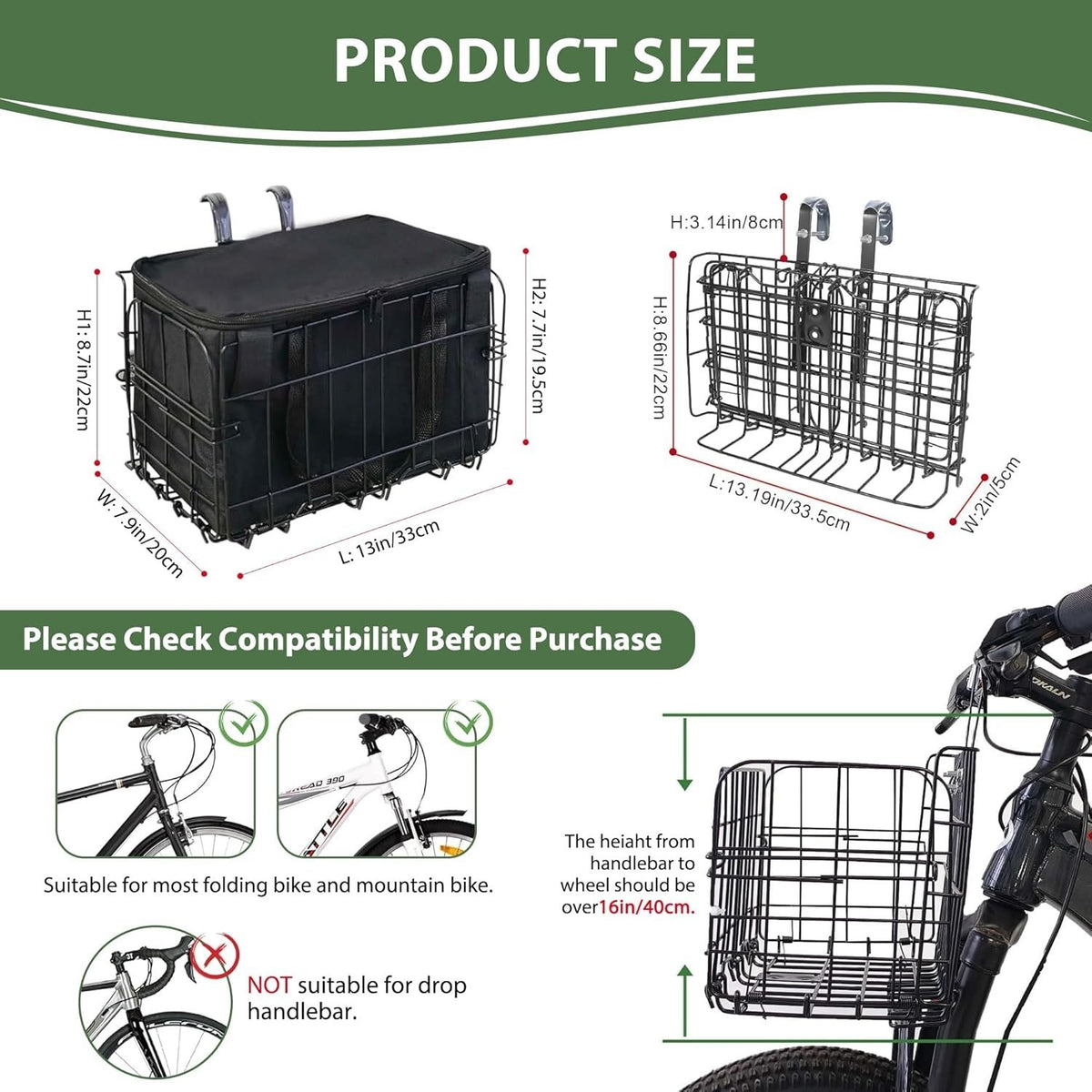 Front Folding Bicycle Basket with Removable Waterproof Liner & Quick Release
