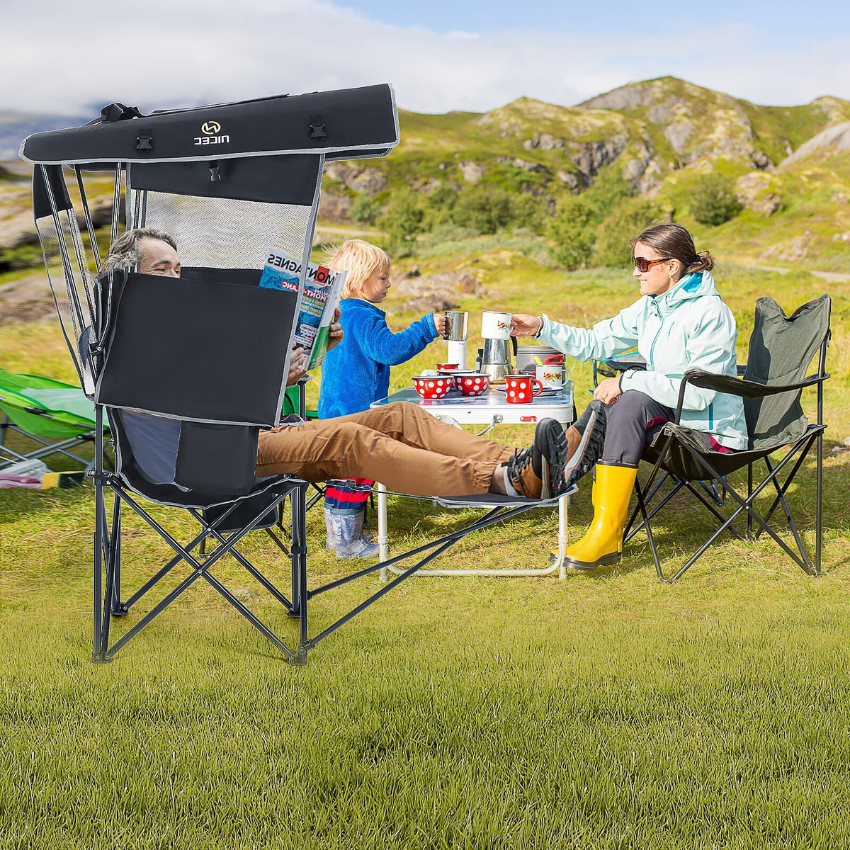 Heated Outdoor Camping Chair with Canopy and Footrest - Portable Shade